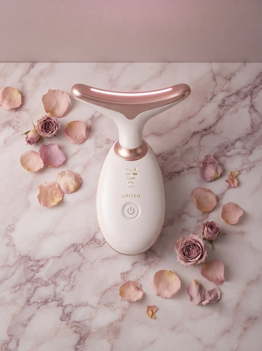 Oriven EMS skin rejuvenation device placed on a blush pink marble surface with rose-toned decorative elements.