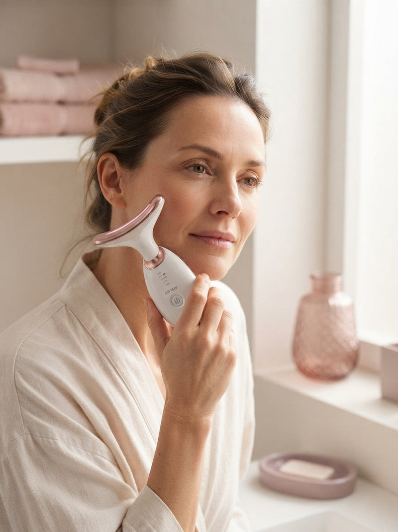 A woman using a handheld facial rejuvenation device on her cheek in a bright, modern bathroom during her morning skincare rou